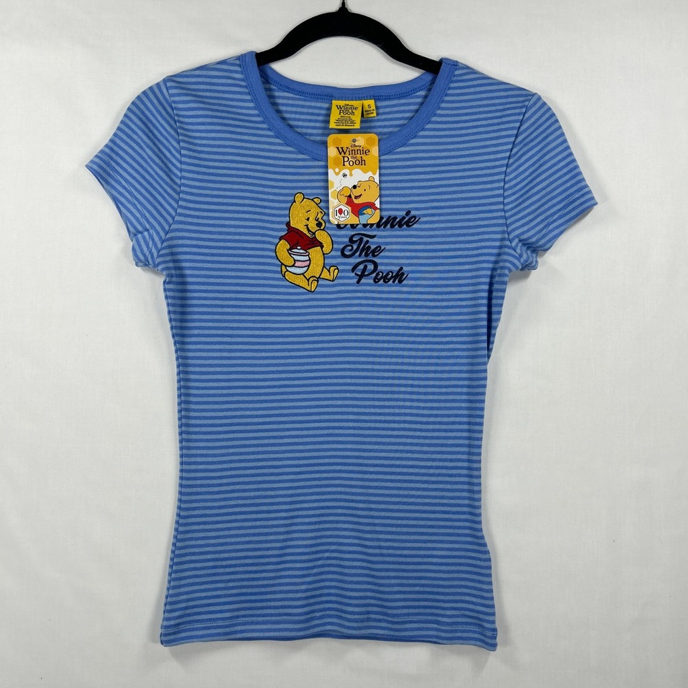 Disney Winnie the Pooh Blue Striped Graphic Short Sleeve T-Shirt Size S